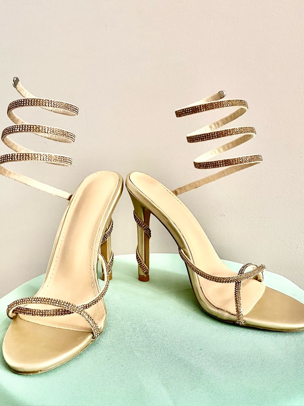 Gold Rhinestone Spiral-Strap Stiletto Sandals